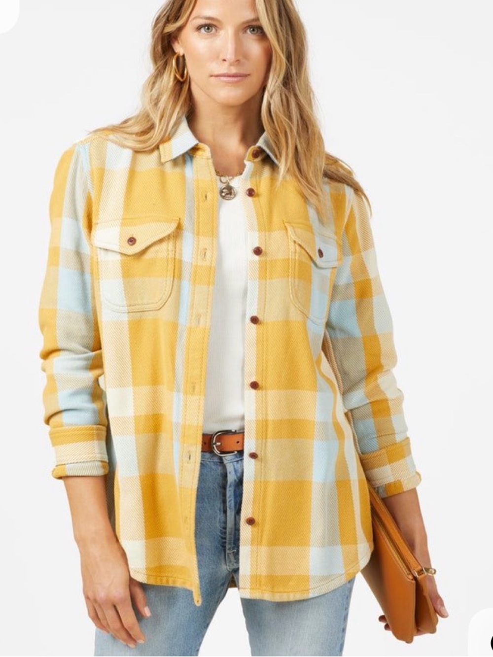Women’s OUTERKNOWN Blanket Shirt
Yellow/ Light Blue Plaid. Size medium